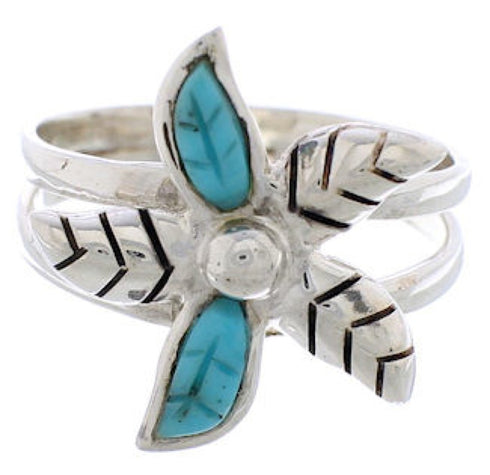Turquoise Southwestern Silver Flower Ring Size 8-3/4 FX22205